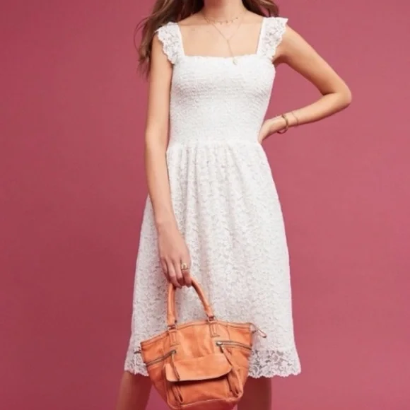 Maeve Anastasi Smocked White Lace Eyelet Dress Medium - Picture 2 of 4